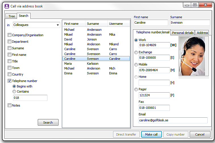 More detailed search in the Make call via address book window